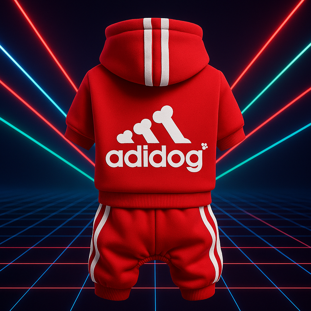 Red 'adidog' hoodie and pants set with a retro-futuristic background