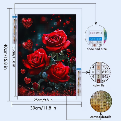 Red roses and hearts design with measurements and color chart on a white background