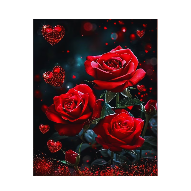 Red roses and heart-shaped objects on a dark background