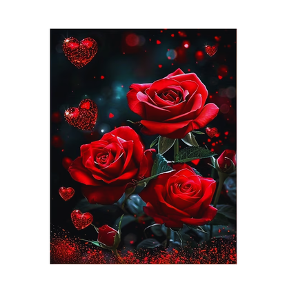 Red roses and heart-shaped objects on a dark background