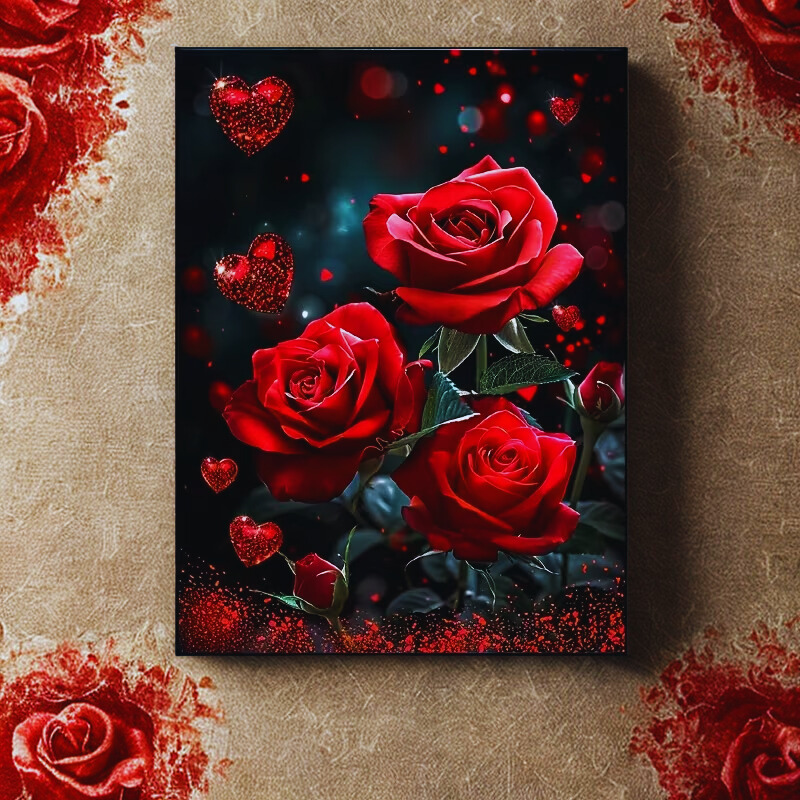 Canvas print of red roses with decorative elements on a textured wall.