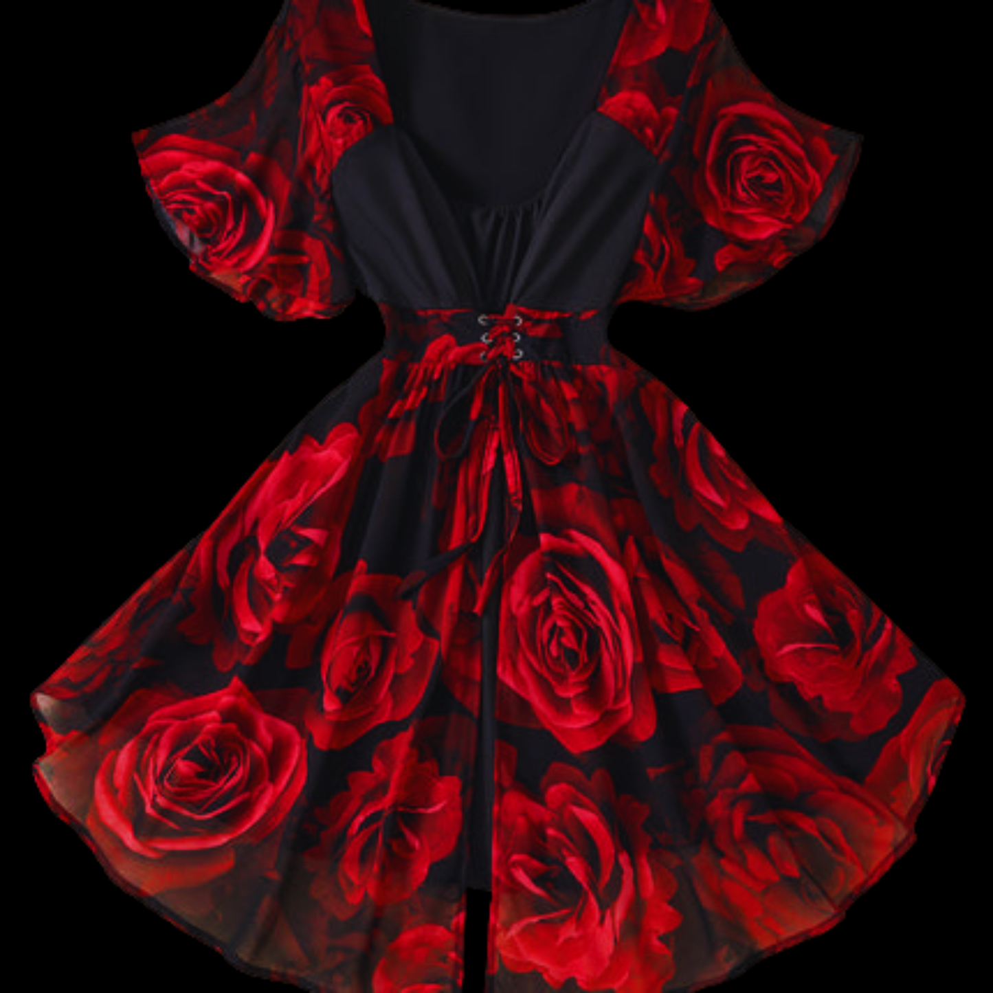 Romantic Red Rose Floral Plus Size Dress - V-Neck Asymmetrical Evening Gown with Sheer Sleeves