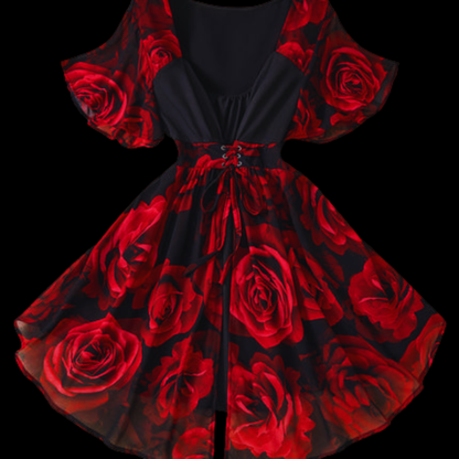 Romantic Red Rose Floral Plus Size Dress - V-Neck Asymmetrical Evening Gown with Sheer Sleeves
