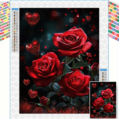 Diamond painting kit with red roses and hearts on a dark background