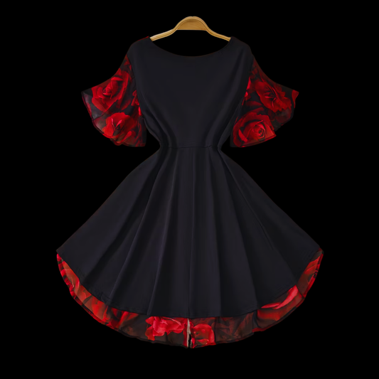 Romantic Red Rose Floral Plus Size Dress - V-Neck Asymmetrical Evening Gown with Sheer Sleeves