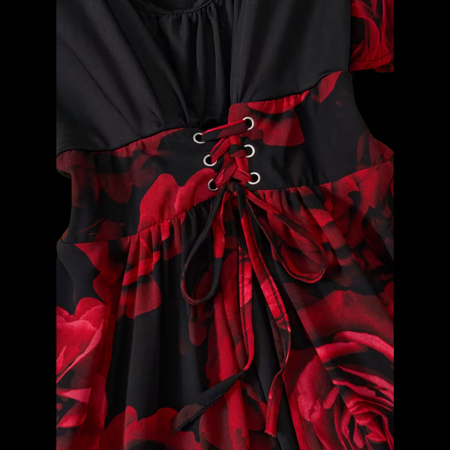 Romantic Red Rose Floral Plus Size Dress - V-Neck Asymmetrical Evening Gown with Sheer Sleeves
