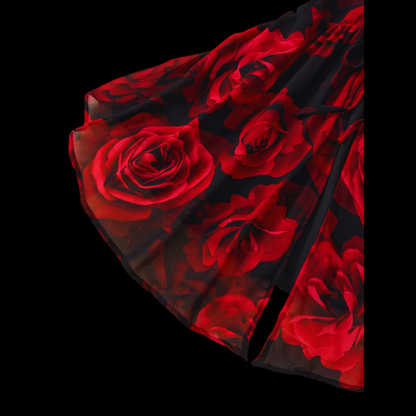 Romantic Red Rose Floral Plus Size Dress - V-Neck Asymmetrical Evening Gown with Sheer Sleeves