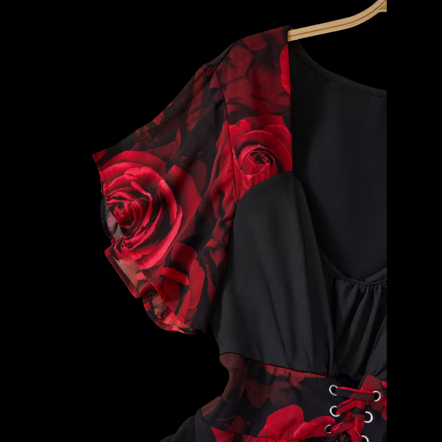 Romantic Red Rose Floral Plus Size Dress - V-Neck Asymmetrical Evening Gown with Sheer Sleeves