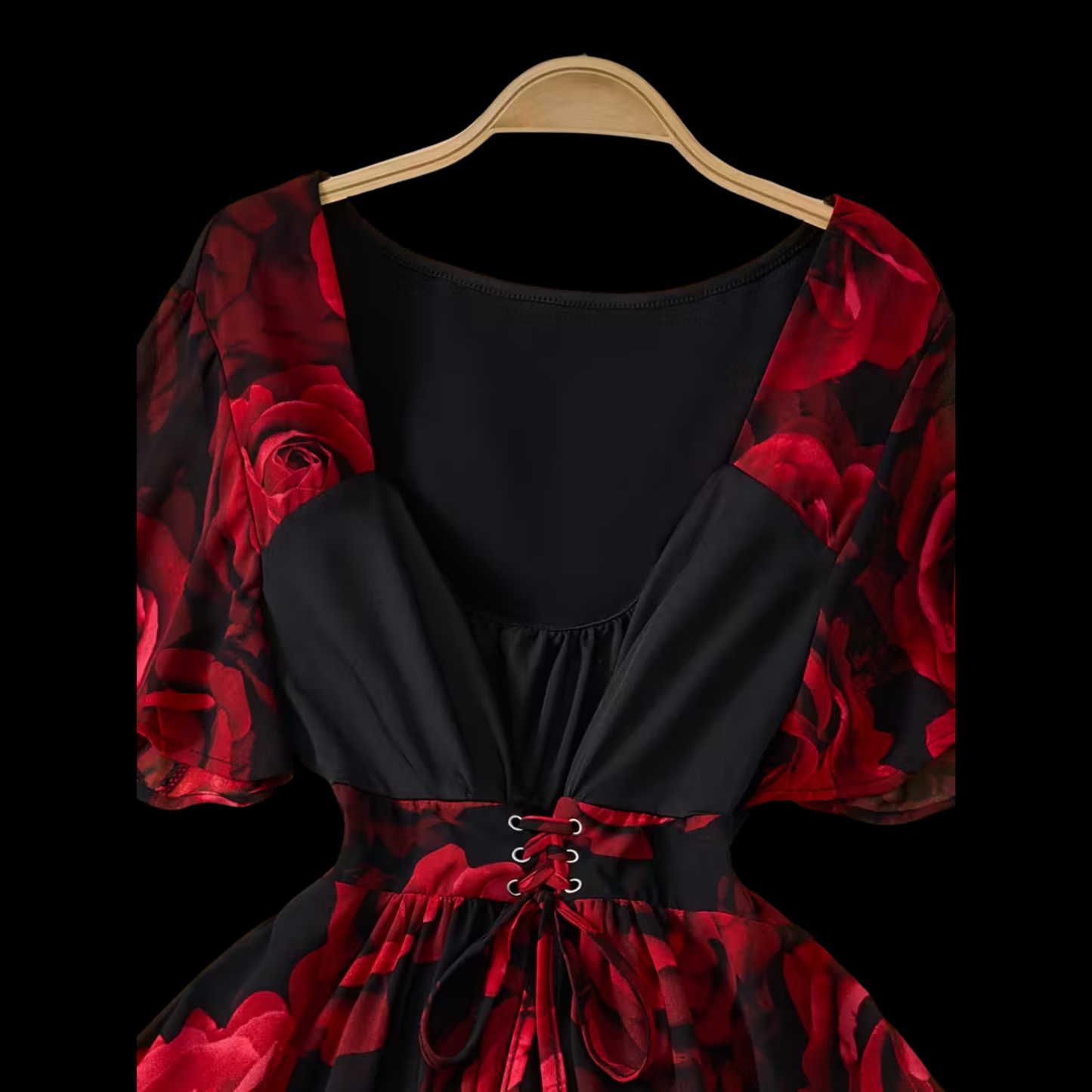 Romantic Red Rose Floral Plus Size Dress - V-Neck Asymmetrical Evening Gown with Sheer Sleeves