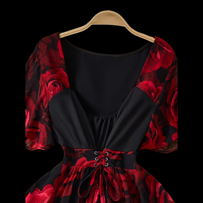 Romantic Red Rose Floral Plus Size Dress - V-Neck Asymmetrical Evening Gown with Sheer Sleeves