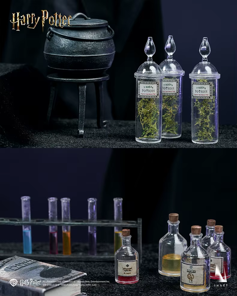 Harry Potter-themed potion bottles and cauldron on a dark background
