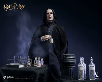 Action figure of Severus Snape from Harry Potter with potion ingredients and a cauldron on a dark background.