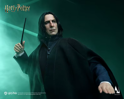 Character from 'Harry Potter' holding a wand against a green background