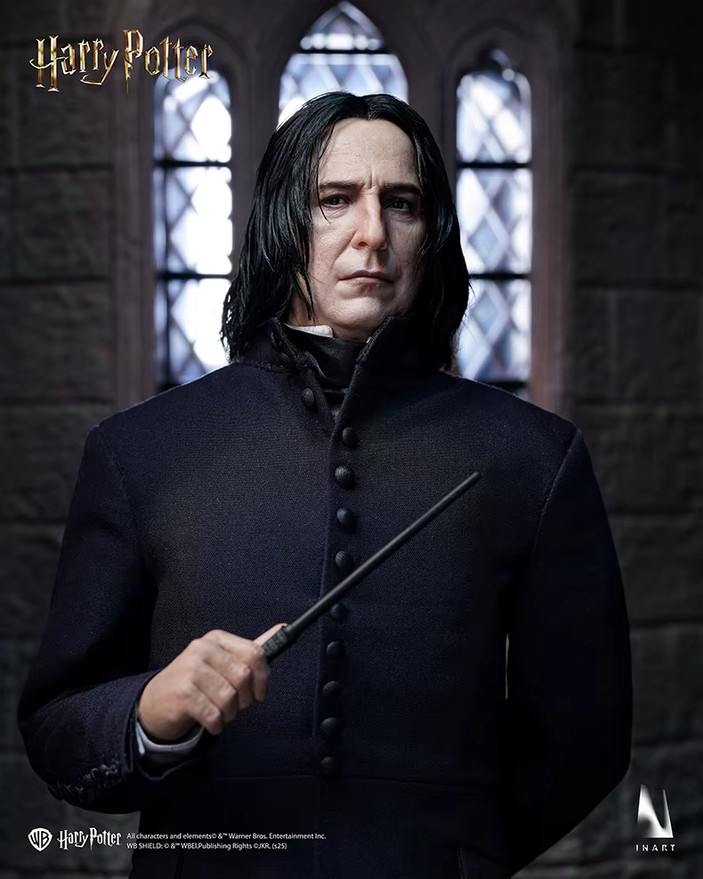 Action figure of Severus Snape from 'Harry Potter' holding a wand, with a dark background.