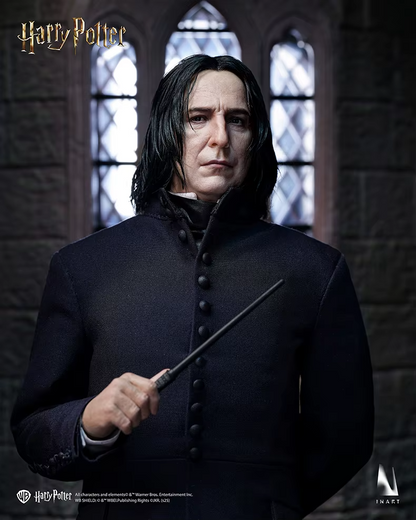Action figure of Severus Snape from 'Harry Potter' holding a wand, with a dark background.