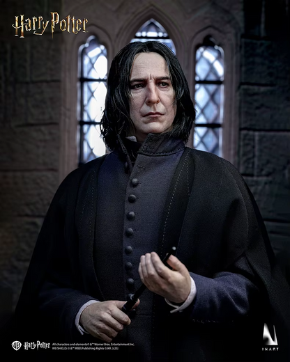 Statue of Severus Snape from 'Harry Potter' series against a castle background