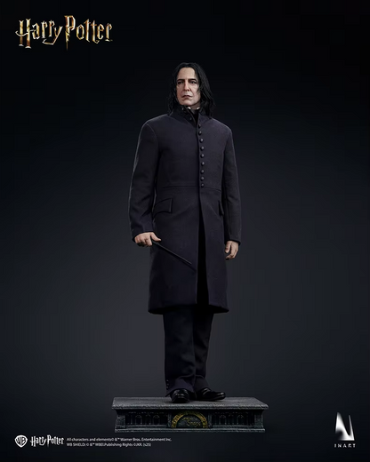 Statue of a character in a dark robe with 'Harry Potter' branding on a black background