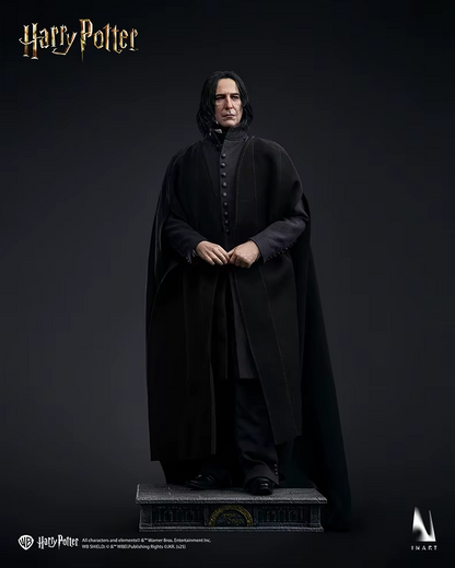 Statue of Severus Snape from Harry Potter wearing a black robe on a dark background