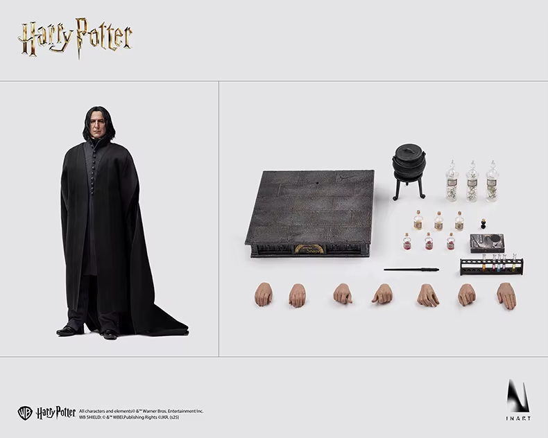 Harry Potter action figure set with Severus Snape in a black robe, including accessories on a white background.