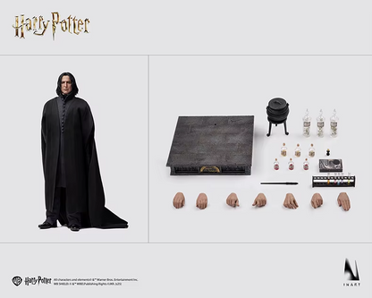 Harry Potter action figure set with Severus Snape in a black robe, including accessories on a white background.