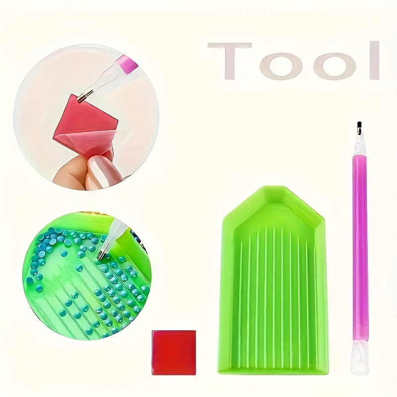 Set of nail art tools including a green tray, pink tool, and red block on a white background.