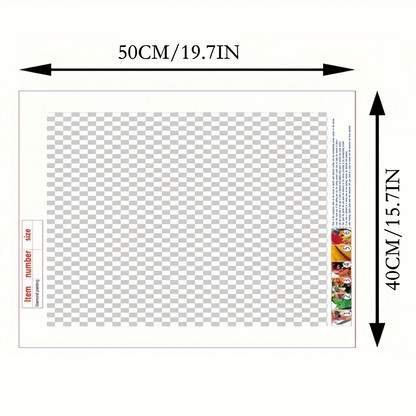 Measurement chart with dimensions 50cm/19.7in and 40cm/15.7in, featuring a grid pattern and sample images on the side.