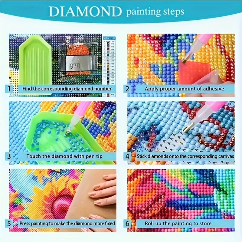 Step-by-step guide to diamond painting with colorful images and text.