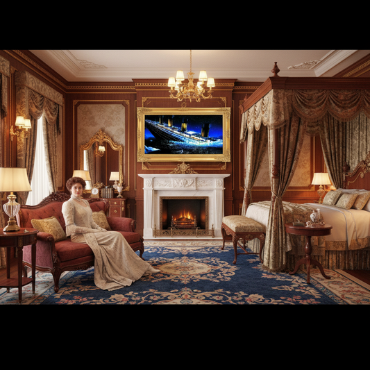 Luxurious bedroom with a woman sitting on a sofa, fireplace, and large bed.