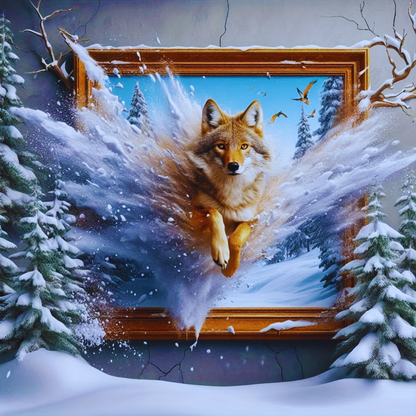 Wolf in a snowy landscape with a wooden frame
