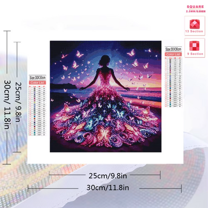 Diamond painting kit with a woman in a colorful dress and butterflies, size chart on the side.