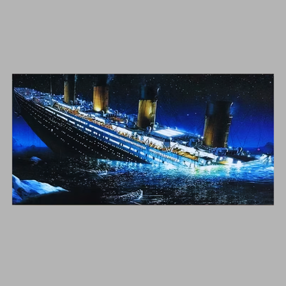 Sinking ship with illuminated lights on a dark water background