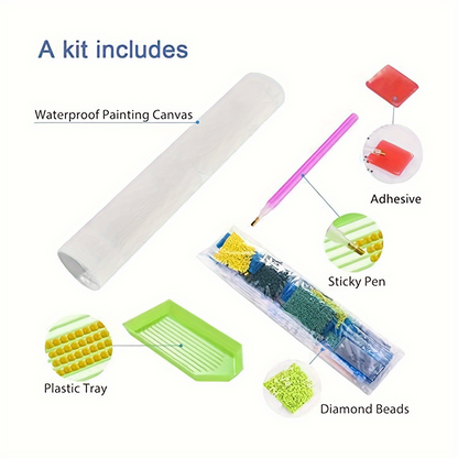 A complete diamond painting art kit for Fantascticz, showing all included tools: a rolled waterproof canvas, multi-colored diamond beads in packets, a green plastic sorting tray, a pink sticky pen applicator, and a square of red adhesive wax.