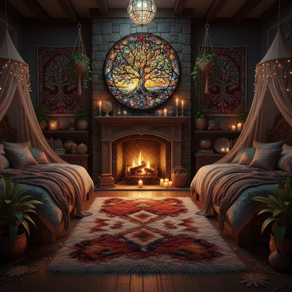 Cozy bedroom with stained glass window, fireplace, and decorative elements.
