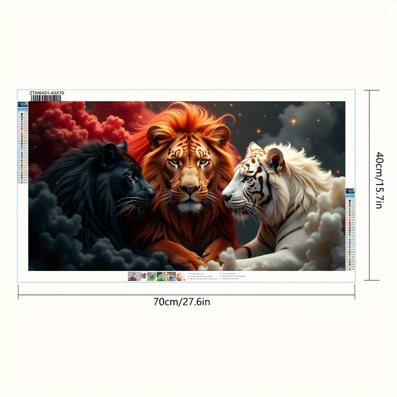 Three lions (black, orange, and white) sitting together with cloud and sky background