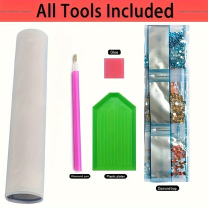 Collection of tools and materials for a craft project with labels on a white background.
