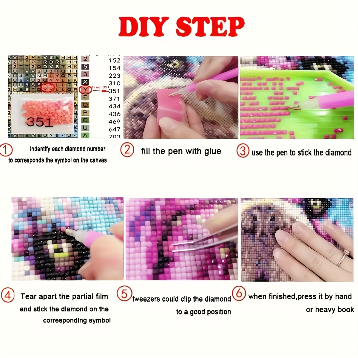 Step-by-step guide for diamond painting with images and text instructions.