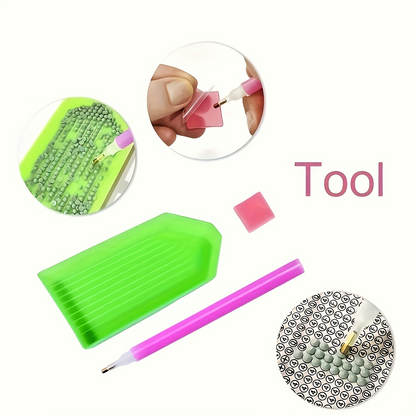Nail art tool set with green stand, pink pen, and small pink block on a white background.