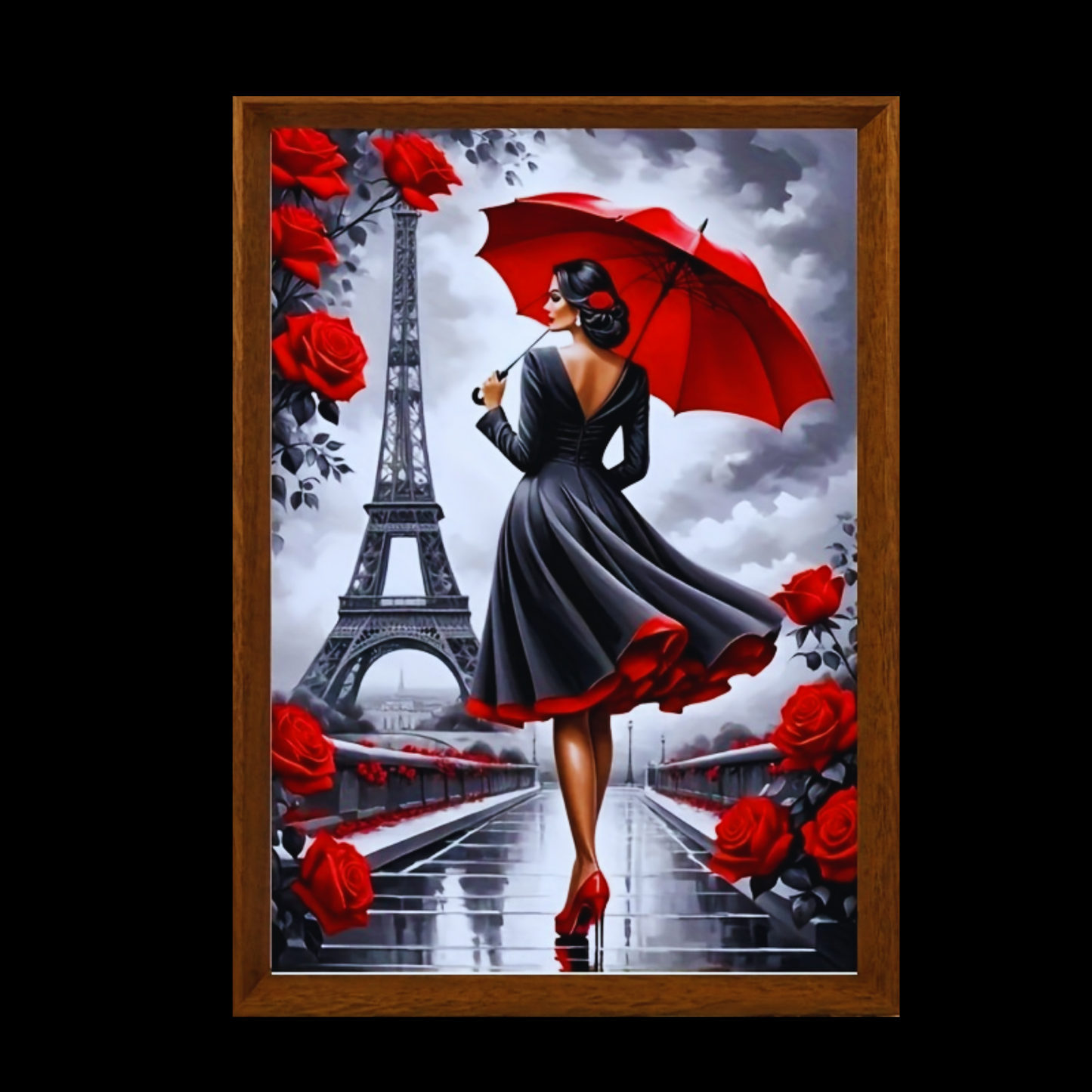 Framed artwork of a woman with a red umbrella and roses, with the Eiffel Tower in the background.