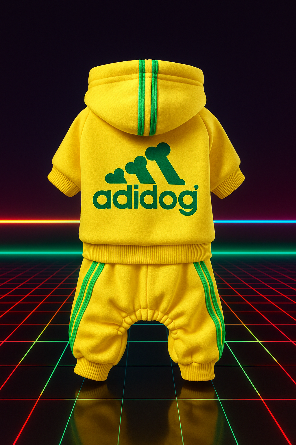Yellow dog hoodie and pants with 'adidog' branding on a retro grid background.