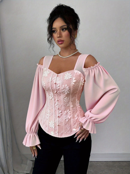 Elegant Blossoms: Plus Size Floral Jacquard Blouse with Square Neckline & Lantern Sleeves