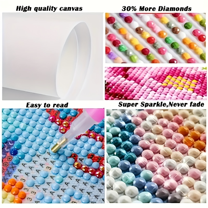 A collage of four images highlighting the quality features of the diamond painting kit. The images show: a high-quality canvas, a promise of 30% more diamonds, an easy-to-read canvas with clear symbols, and super-sparkly diamonds that will never fade.