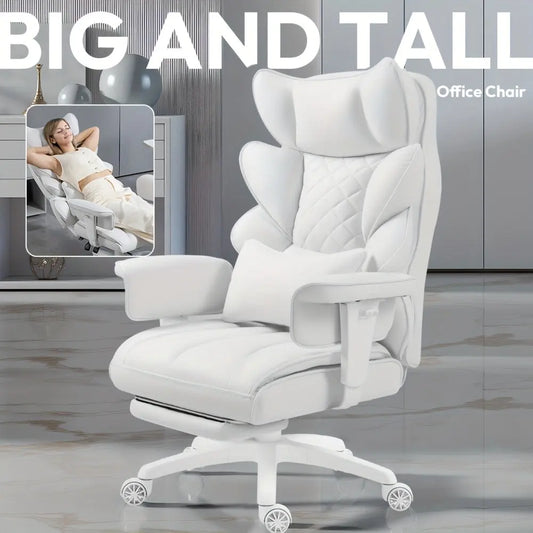 An infographic for The Apex Executive Recliner by Fantascticz, presented in a striking white finish. This image highlights the chair's generous 'Big and Tall' design and showcases its deep reclining function for unparalleled support and executive-level comfort.

