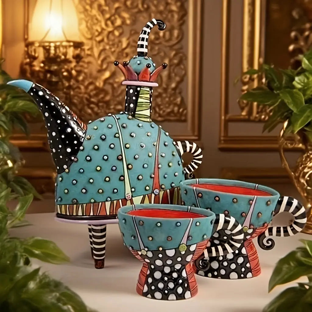 Colorful ceramic teapot set with polka dot patterns on a decorative background