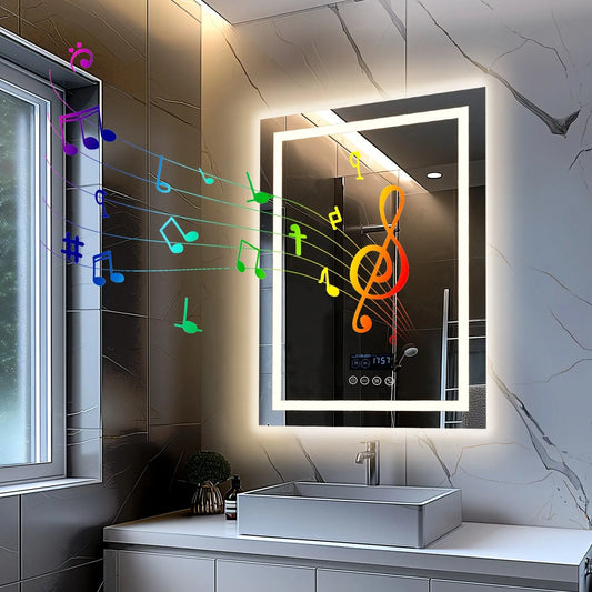A lifestyle image showcasing The Encore Smart Mirror by Fantascticz in a luxurious modern bathroom. The image illustrates the mirror's key features: a brilliant, integrated LED light frame and a high-fidelity Bluetooth speaker, represented by a colorful stream of musical notes.

