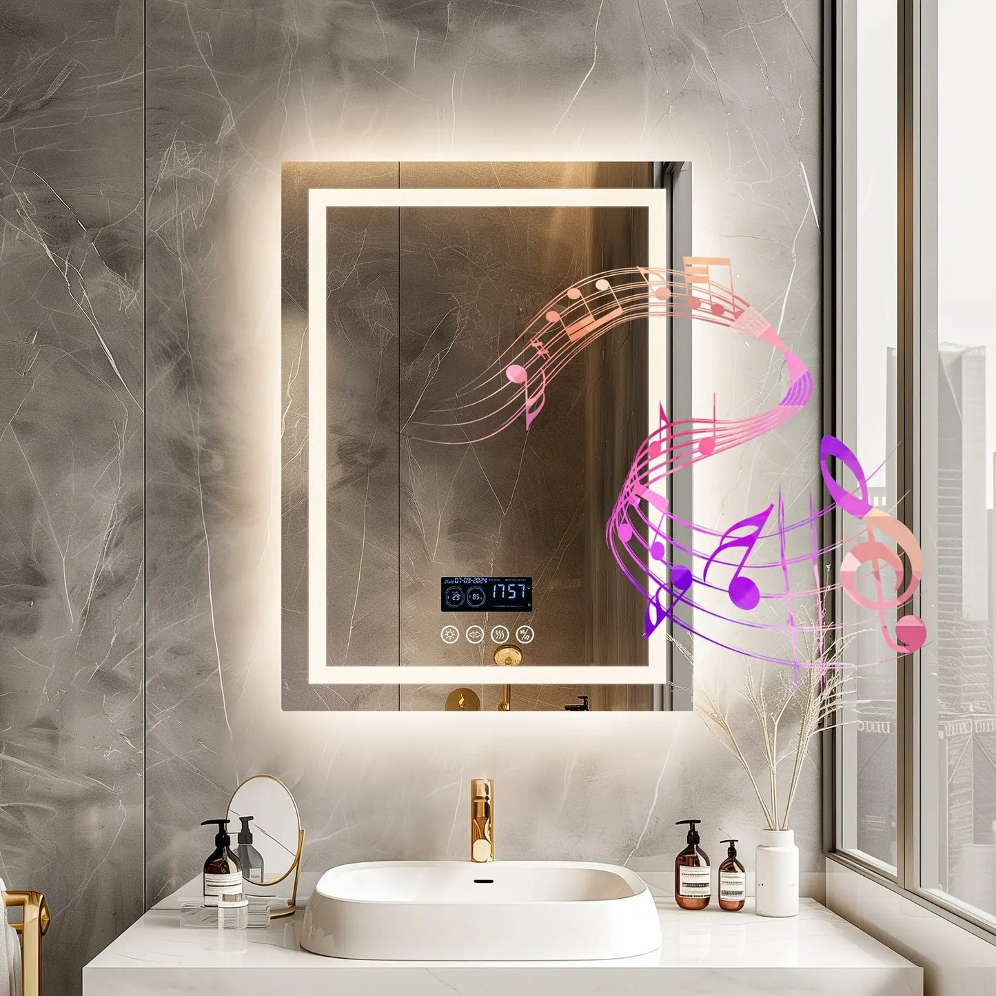 The Encore Smart Mirror by Fantascticz is showcased in a sleek, modern bathroom setting. This image highlights the mirror's built-in Bluetooth speaker, creating an immersive audio experience, along with its brilliant LED perimeter lighting, all integrated into its sophisticated design.