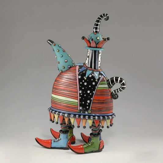 Colorful ceramic sculpture on a gray background