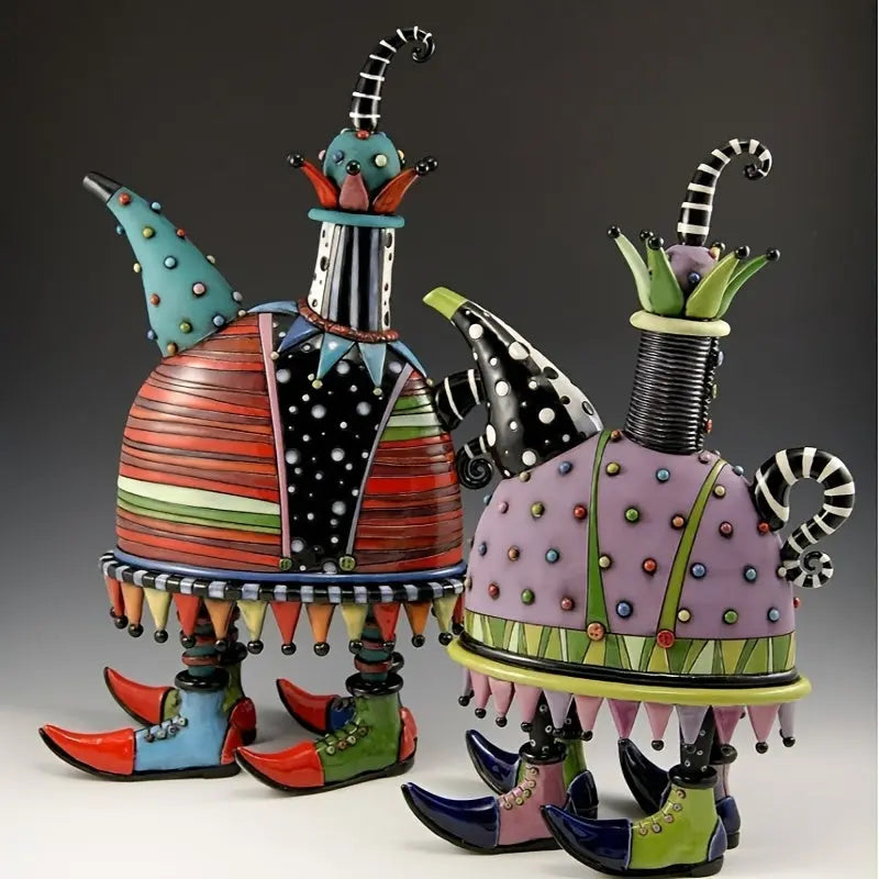 Colorful ceramic figures with unique designs on a gray background