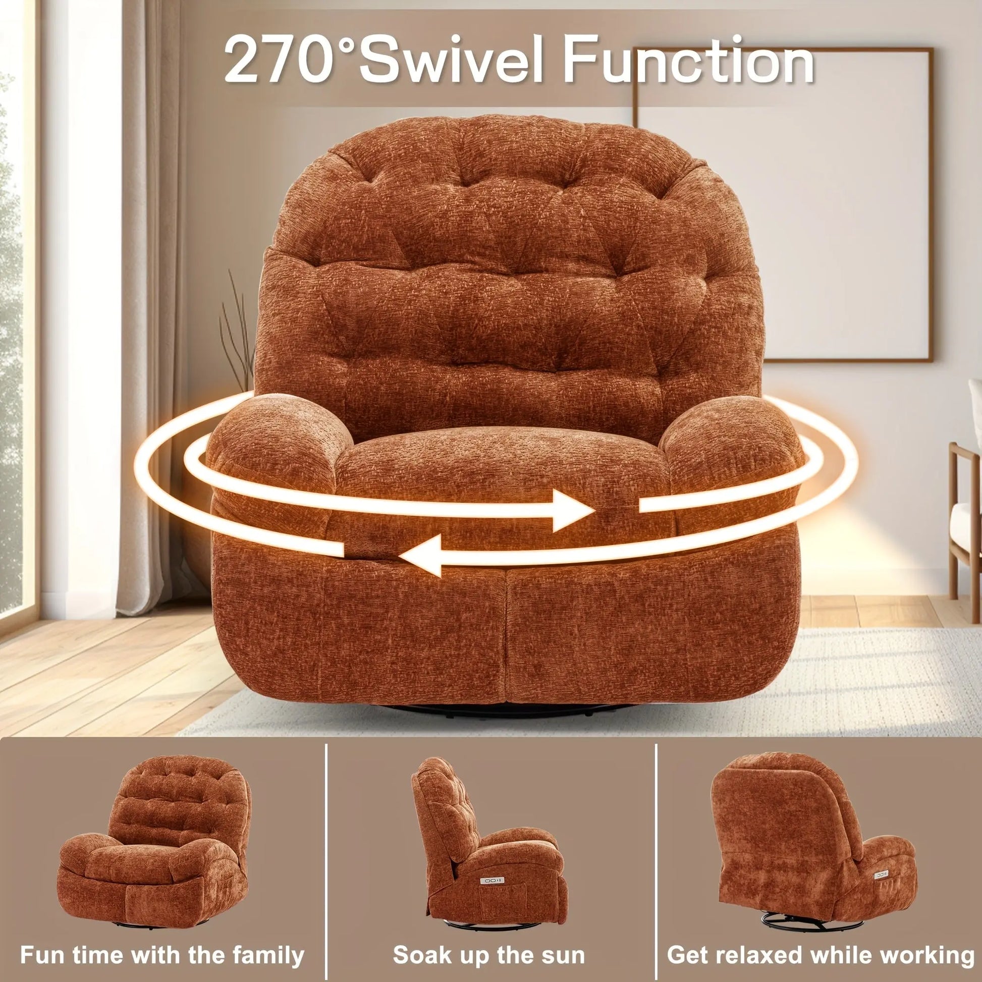 Brown armchair with 270-degree swivel function in a room setting