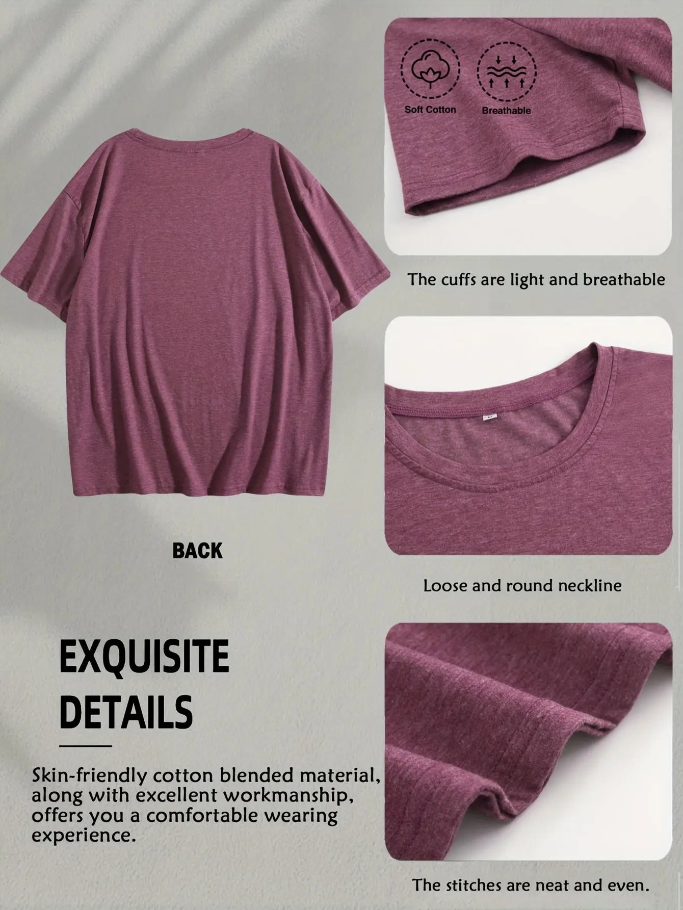 Purple t-shirt with various details on a gray background