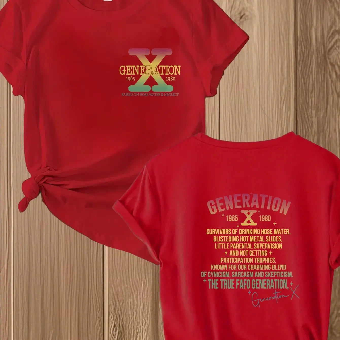 Red t-shirt with 'Generation X' design on a wooden surface
